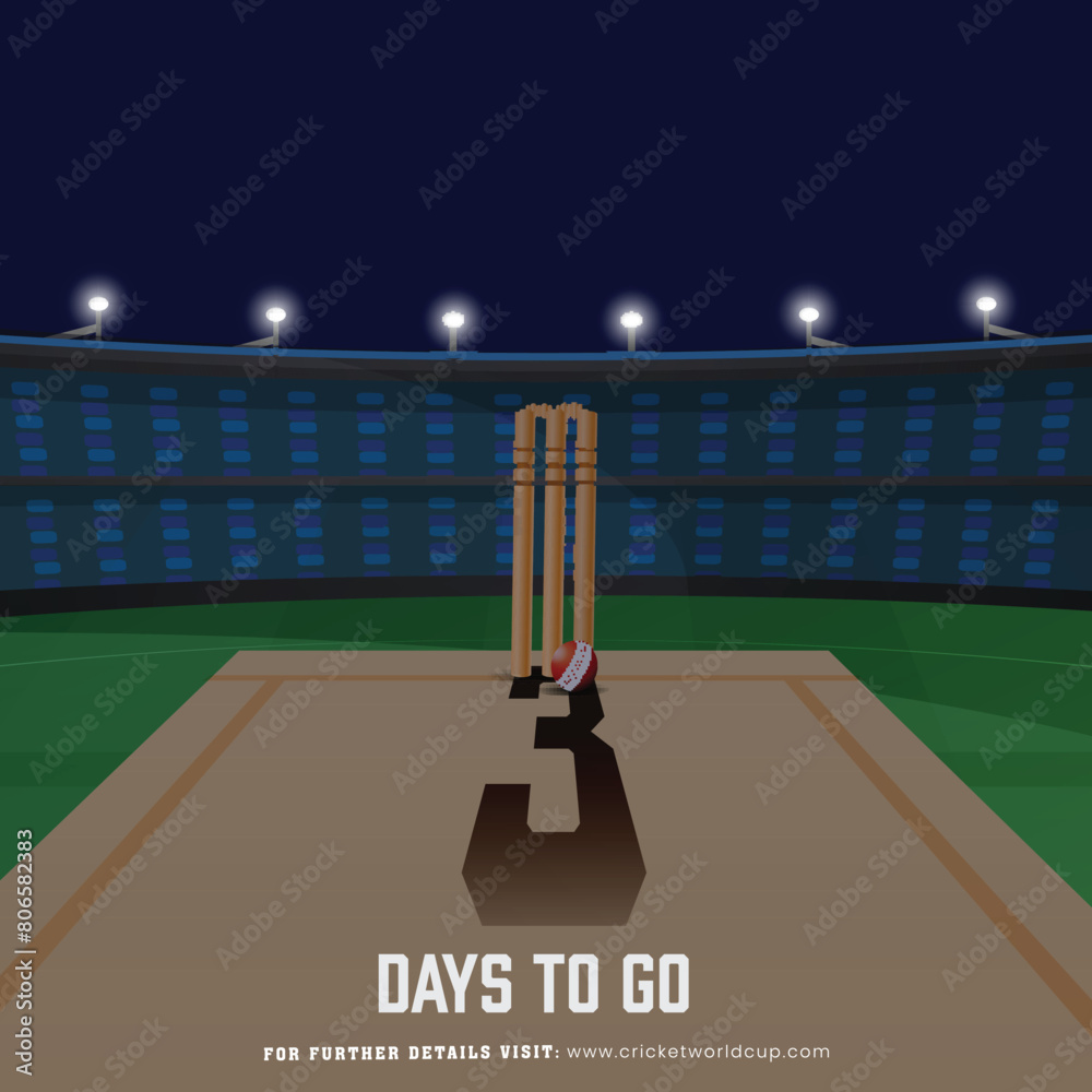 Sticker t20 cricket match 3 day to go based poster design with closeup shot of wicket stump with red ball on