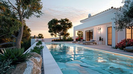 A white villa's exterior, with a pool that dances with the light of the setting sun and a garden that sings with color and life