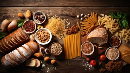 Gluten free food. Various pasta, bread and snacks on wooden background