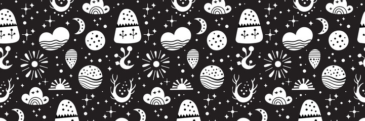 Seamless neo folk art vector pattern with mountains, moon and flowers, black and white floral design. Neo folk style endless background perfect for textile design.