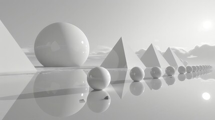 A clean, geometric arrangement of spheres and pyramids aligned perfectly on a reflective surface