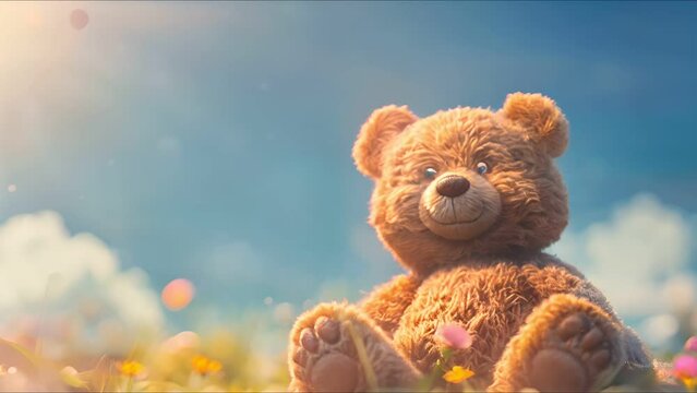 Film style bold cartoon cute teddy bear, sky background 