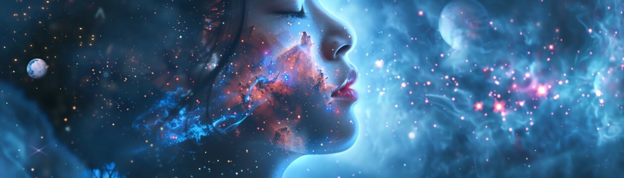 A partially abstracted Xray image of an Asian womans chin transformed into a celestial landscape Blend shades of sky blue and pink to depict nebulas and galaxies within the skeleta