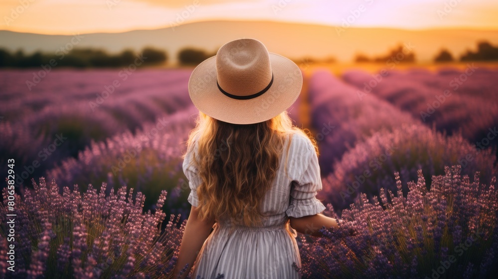 Wall mural Happy woman walking through in lavender flower filed - Wall murals