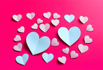 A close-up of paper hearts on a vibrant pink background