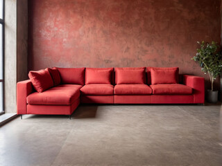 Fototapeta premium Red modular corner sofa against blank brown stucco wall with copy space. Loft interior design of modern living room, home.