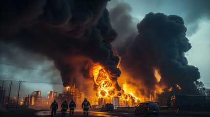 fire at an industrial oil refinery. Powerful explosion with black smoke cloud,