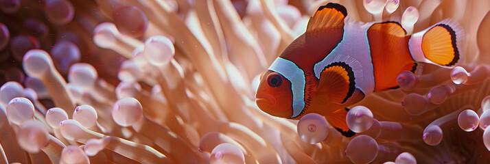 a close up clownfish swimming in anemones, generative AI