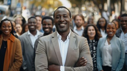 multicultural businessman outdoors Large group of smiling people wearing formal clothes on city street.
