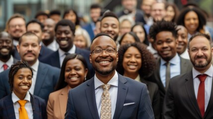 multicultural businessman outdoors Large group of smiling people wearing formal clothes on city street.