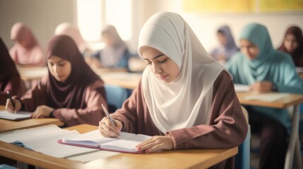 Muslim girl in hijab making notes in copybook while sitting