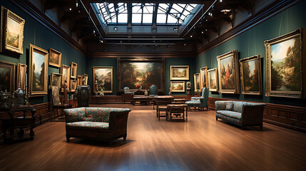 Renaissance-inspired gallery with rich tapestries, heavy wooden frames, and soft, dramatic lighting,