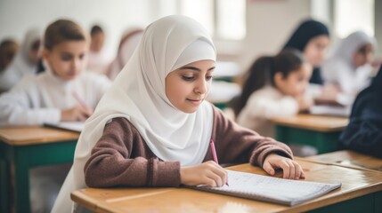 Muslim girl in hijab making notes in copybook while sitting