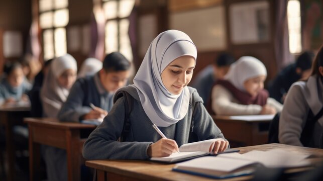 Muslim girl in hijab making notes in copybook while sitting - Powered by Adobe