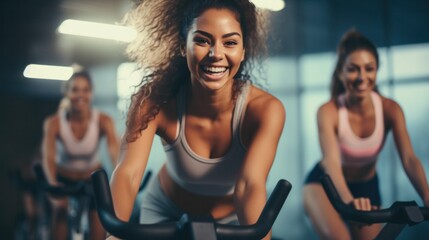 sporty girl riding indoor stationary bike during cycling class with her female friends in cycling studio.
