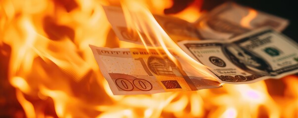 Burning hundred dollar bills close up view