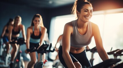 sporty girl riding indoor stationary bike during cycling class with her female friends in cycling studio.