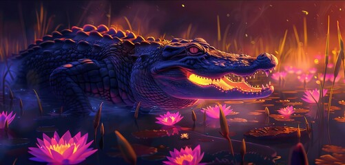 A cyberpunk alligator charges through a field of glowing lilies to defend the neon swamp from intruders