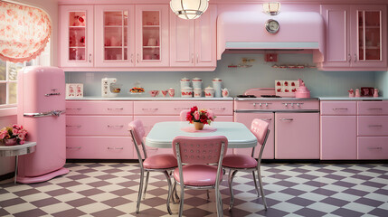 Retro 1950s kitchen with checkered flooring, pastel cabinets, and chrome accents,
