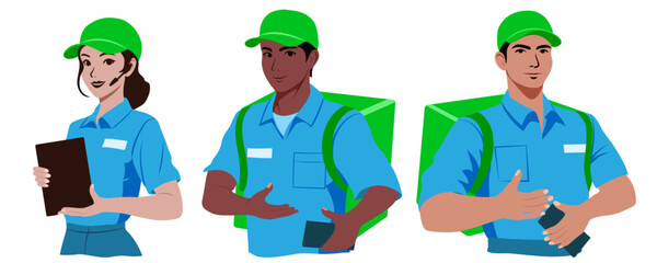 Set of couriers and call center operators, men and women, wearing colored shirts and caps, with tablet in their hands or a backpack on their back. Flat design illustration.