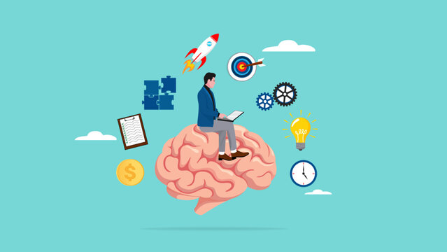 Genius and Expert at learning new skills With Accelerated Learning, intelligence or competence to develop self-capacity, capacity building, man work on human brain with business management elements