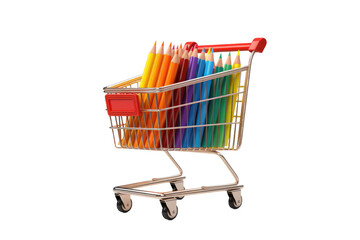 Rainbow Wonderland: A Shopping Cart Filled With Colored Pencils on White or PNG Transparent Background.