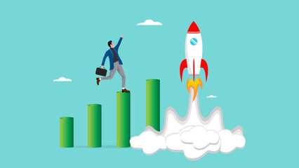 Accelerate Business Growth, strategies to increase business success, launching a new business or product, boost business progress, businessman on business growth graph launching rocket illustration