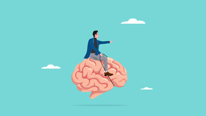 recognize thoughts or emotions, creativity or emotional intelligence, Critical thinking in dealing with various situations, growth mindset concept, businessman riding the human brain control the mind