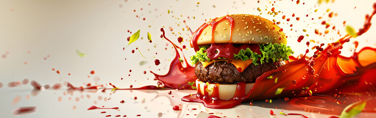 Hamburger with tomato sauce splash delicious delight handheld on black background.
