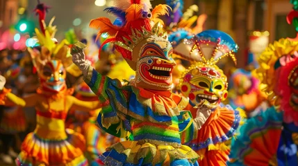 A festive parade of brightly decorated floats and masked dancers celebrating Carnival in Rio de Janeiro