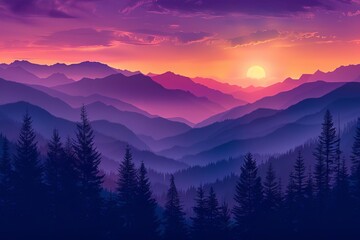 Illustrate a panoramic sunset over a mountain range