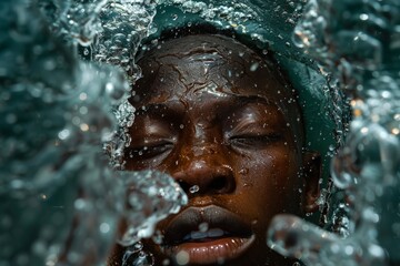 Intense portrait of a woman's face partially submerged in water, with dynamic water droplets surrounding her, Baptism
