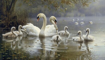 A flock of swans teaching their cygnets to dive in a serene lake