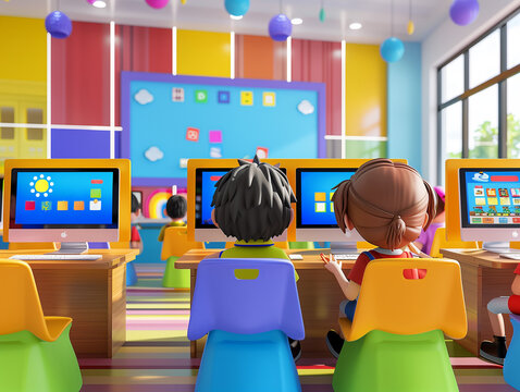 Children engage with colorful educational software on computers in a vibrant classroom filled with bright decorations.