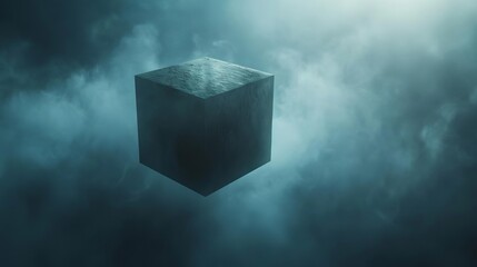 A graphic depiction of a solitary cube floating in a misty environment, creating a mysterious aura