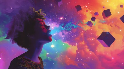 A graphic portrayal of a person doing breathwork, exhaling colorful mist into the air while surrounded by floating geometric shapes