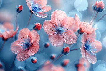 Pink and blue flowers with pastel colors and a bokeh background. Created with AI