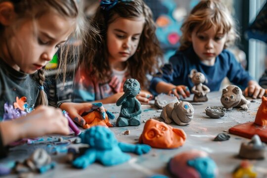 A group of kids creating stopmotion animation with clay figures on a craft table, showing a playful storyline