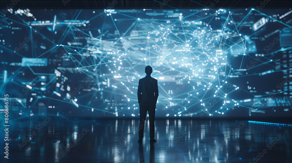 Poster a man stands in front of a large screen with a network of lines and dots