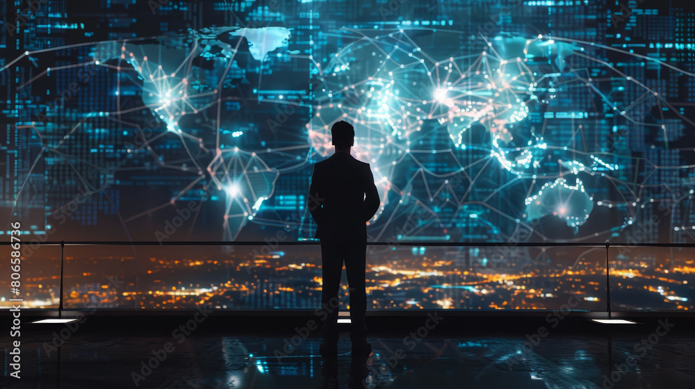 Poster a man stands in front of a computer screen that shows a map of the world with ma