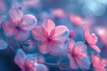 3D blue flowers with pink petals on a pink background. Created with AI