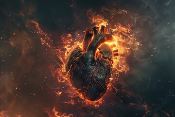 An anatomical heart wreathed in vibrant flames