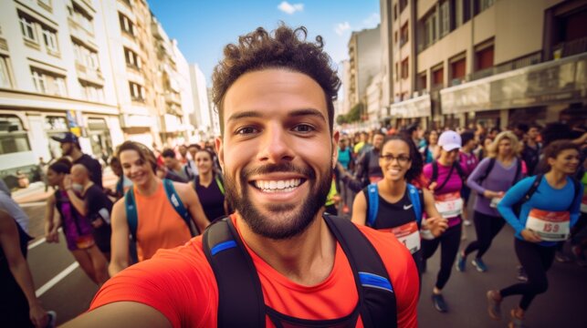 Young male marathon runner taking selfies while running. with other runners Lots and city views in the background.
