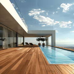 Empty wooden deck with swimming pool 