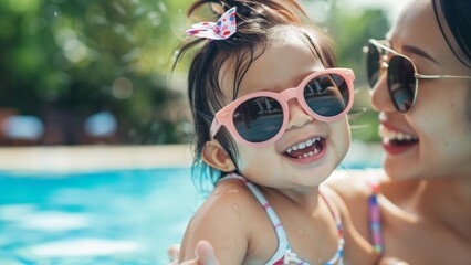 Happy Asian toddler girl with sunglasses smiling joyfully and enjoying family bonding time with mother having fun in the swimming pool in summer.