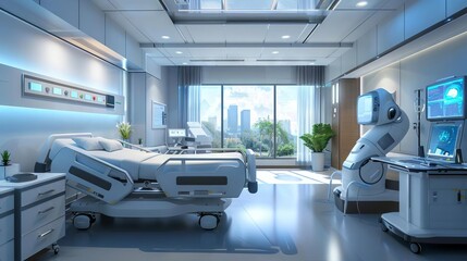 A hightech hospital room where patients are monitored by robotic assistants and smart devices