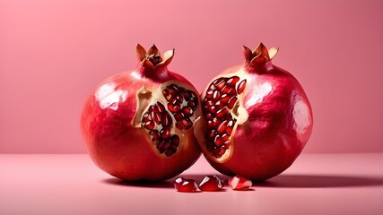 Pomegranate fruit in red against a soft pink background