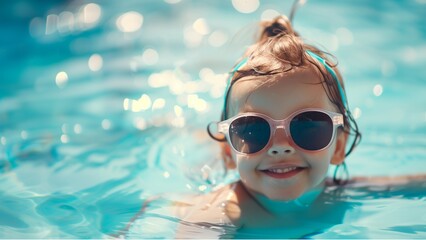 Naklejka premium Smiling cute little girl in sunglasses in pool in sunny day.. with high resolution photography, copy space for text banner background