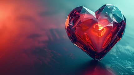 Elevate your product with a bold, CG 3D heart at a dramatic tilted angle against a futuristic, metallic background, exuding innovation and sophistication