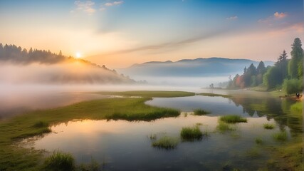 The misty Lacu Rosu Lake picture in the morning. A misty summer sunrise in Romania's Harghita County, Europe. Background of the idea of the beauty of nature.